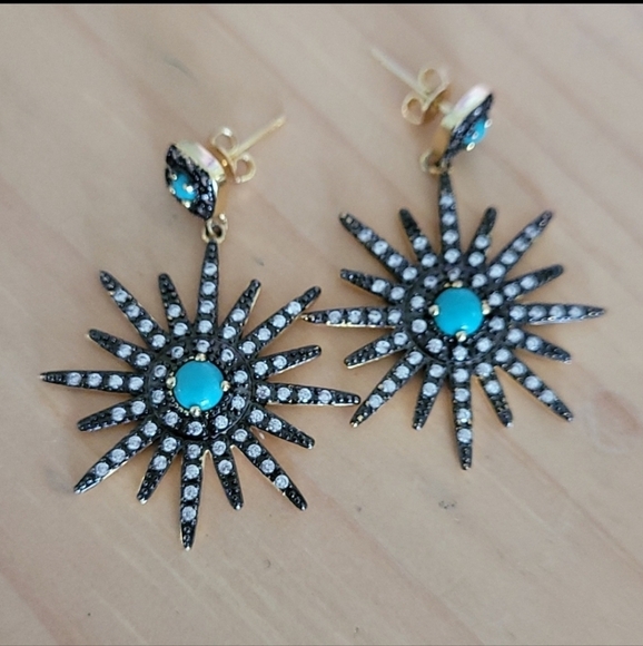 Nordstrom Adornia Starburst Earrings with Turqouise & Swarovsky Crystals 92.5 - Picture 2 of 6